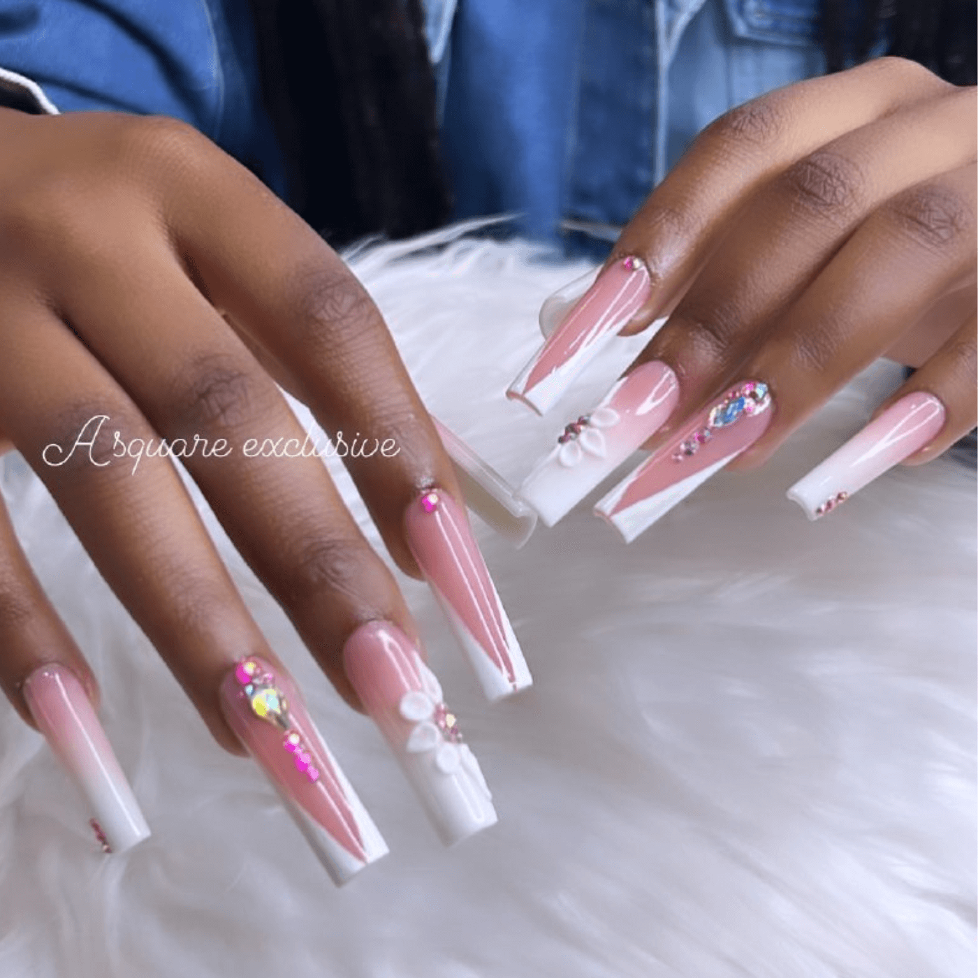 Long French Manicure With Floral Nail Art