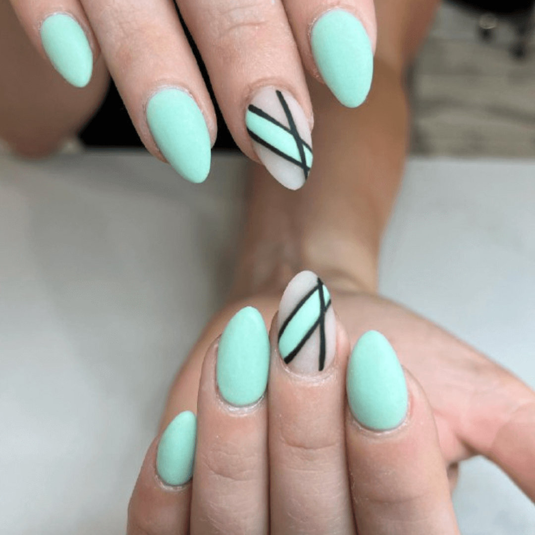 Blue Almond Nails with Geometric Patterns