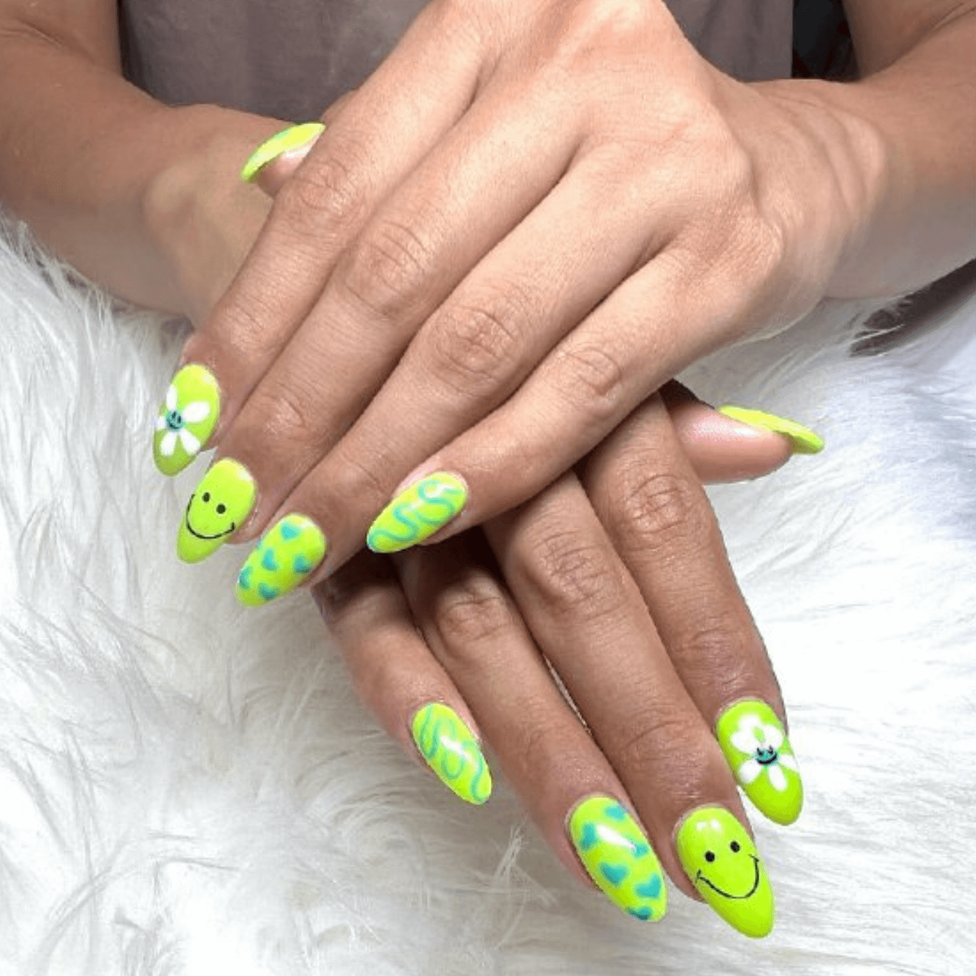 Short Summer Nails with Neon Green Accents