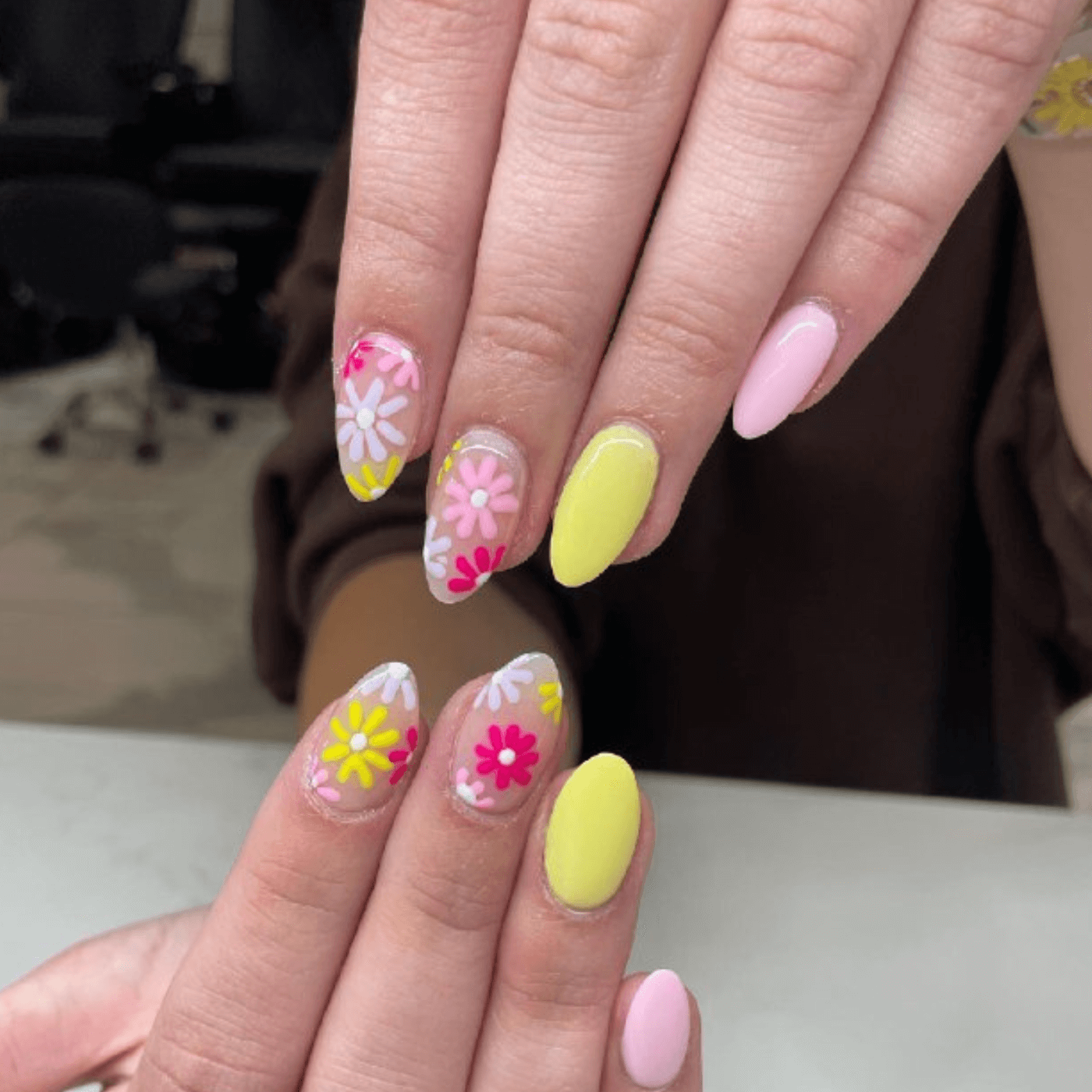 Cute Short Almond Nails with Floral Accents