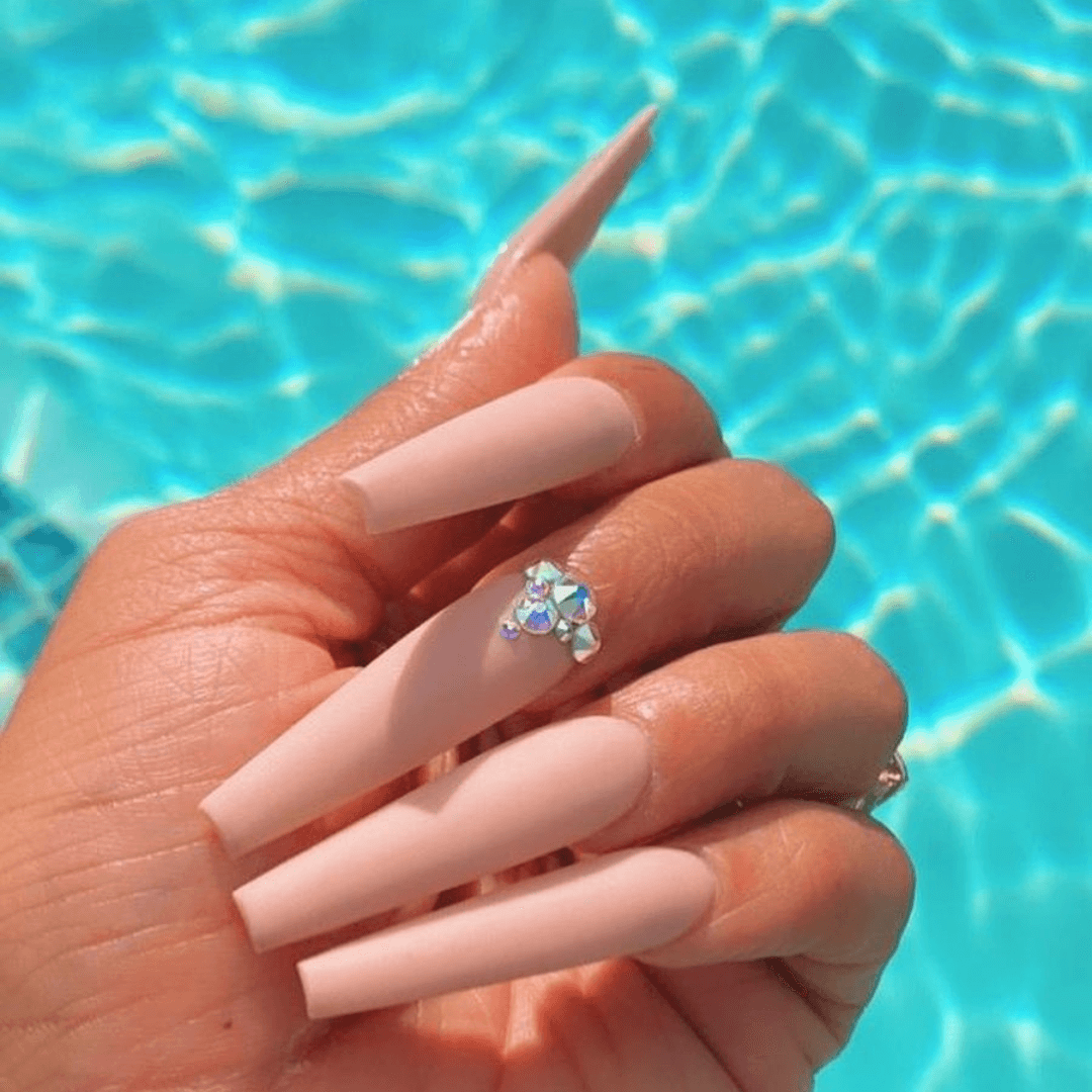 Nude Coffin Nails with Rhinestones