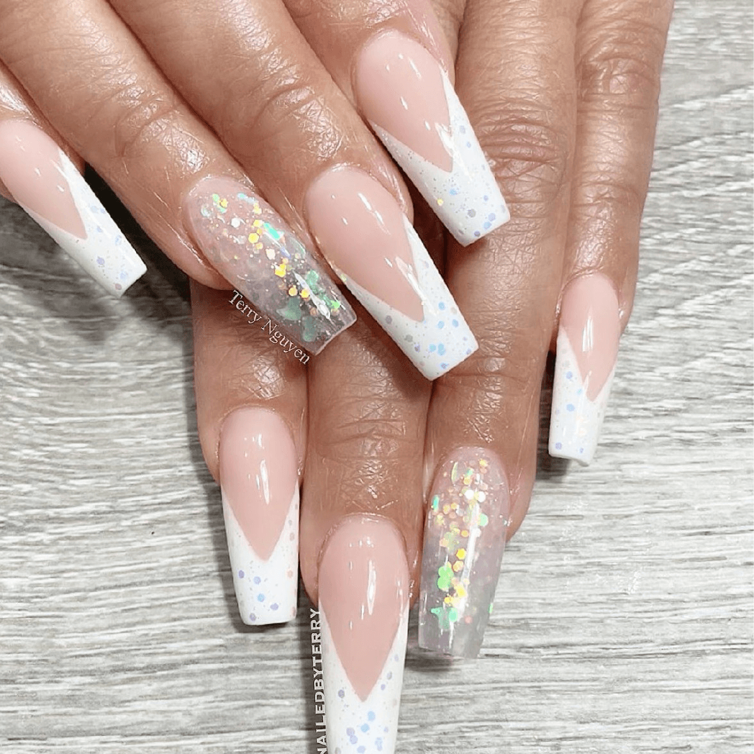 Nude Coffin Nails with Glitter