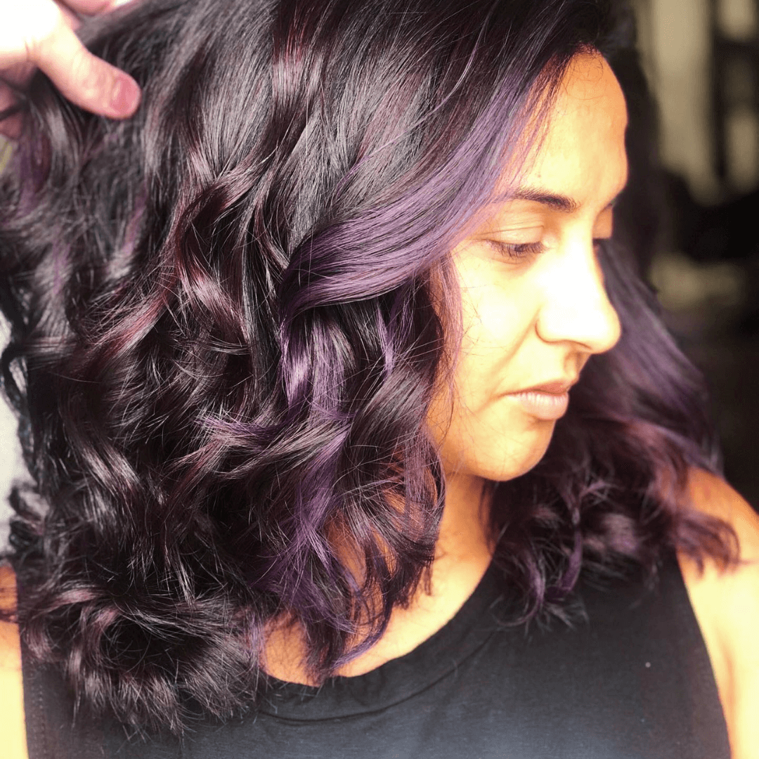 Dark red hair with purple highlights