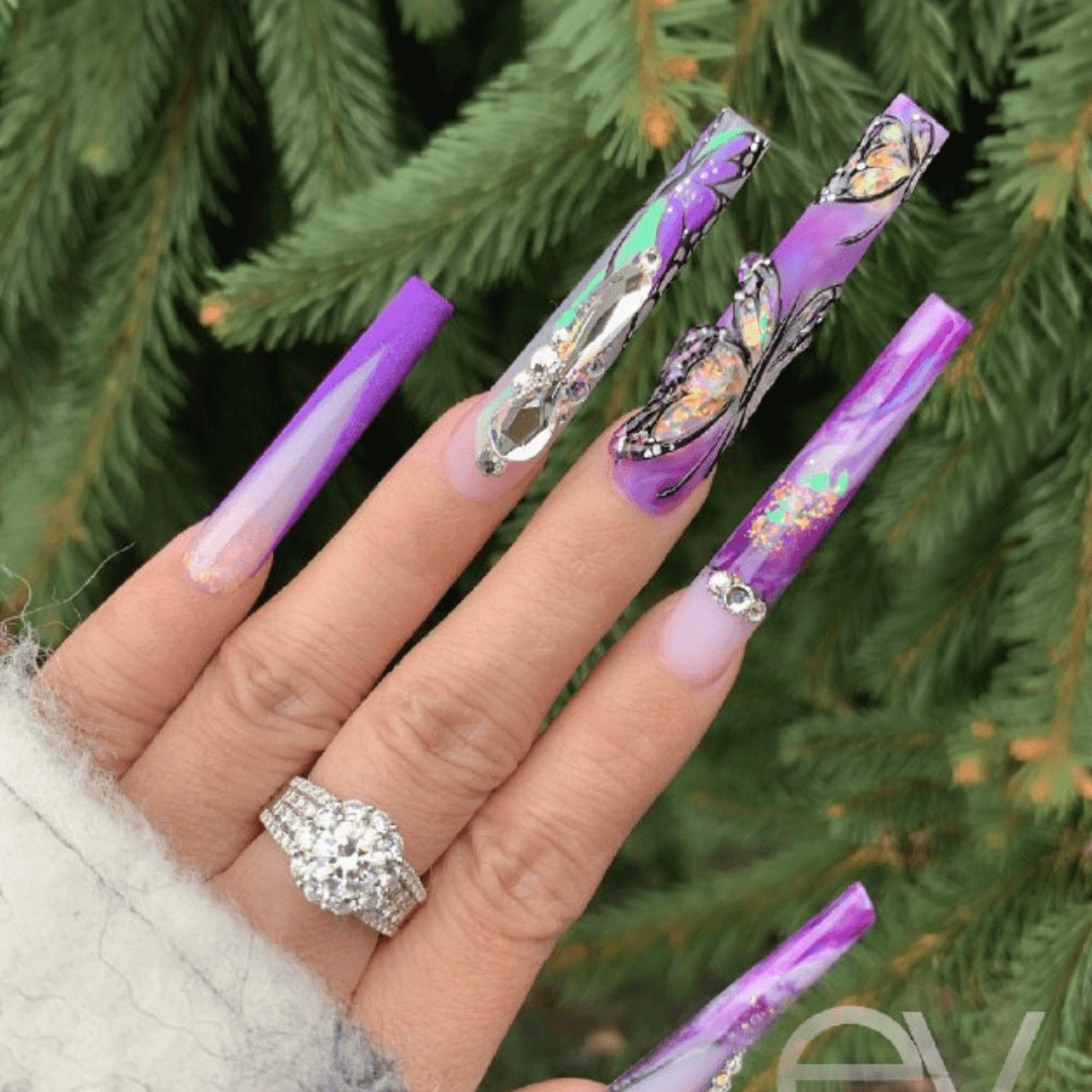 Purple Nails with Butterfly Designs