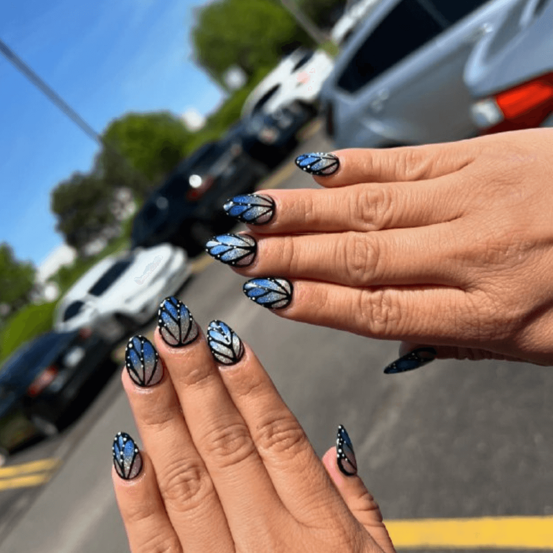 Black Almond Nails with Silver Chrome Accents