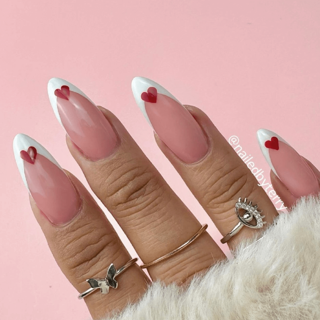 French Manicure with Red Hearts