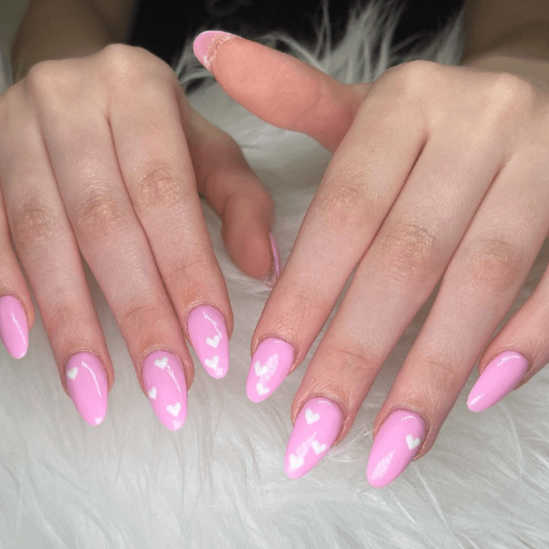 Pink Almond Nails with White Accents