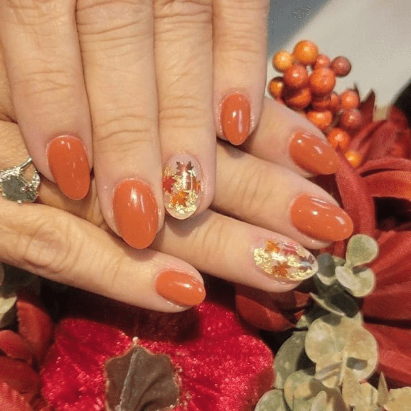 Short Almond Fall Nails with Leaf Patterns