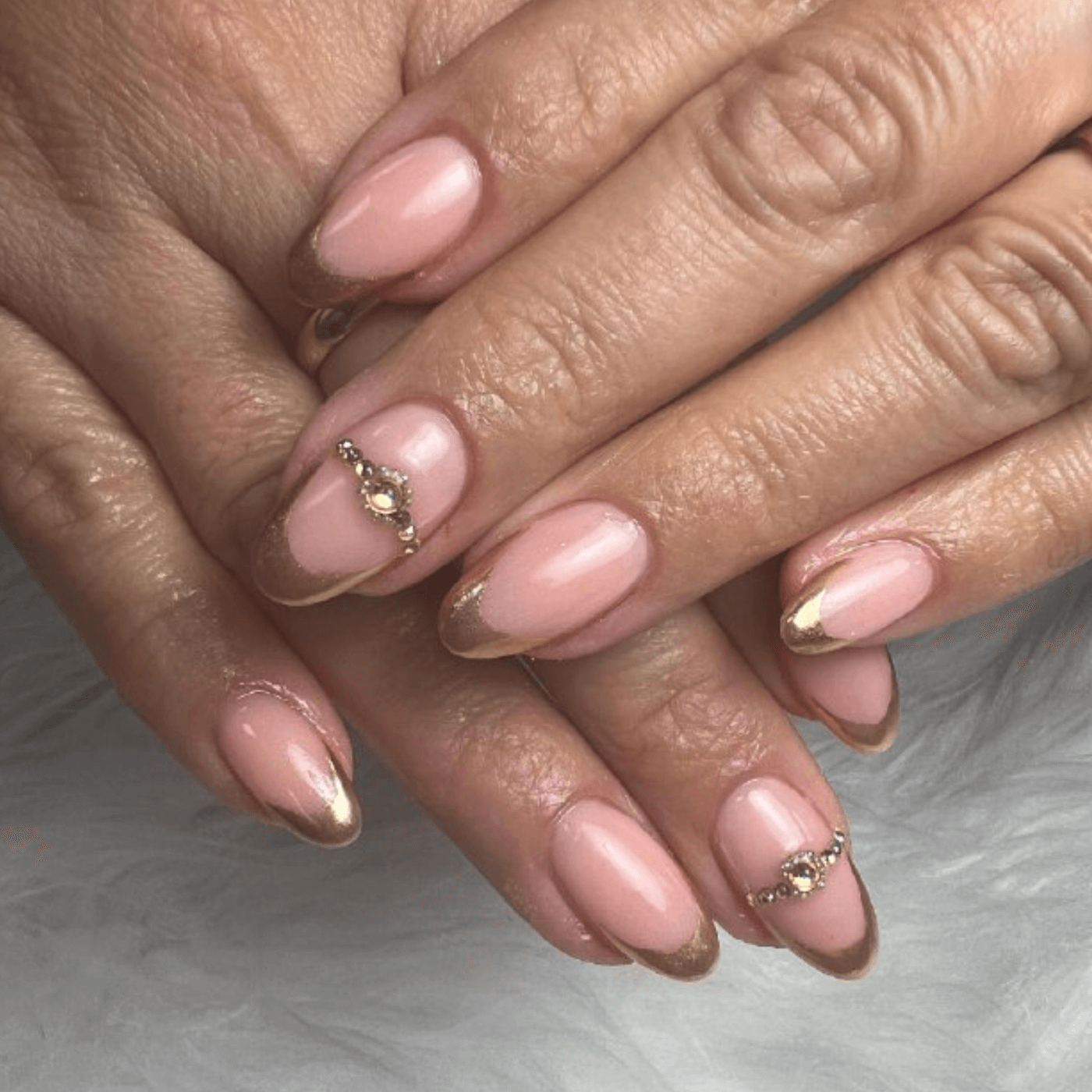 Short Almond French Nails with Rhinestones