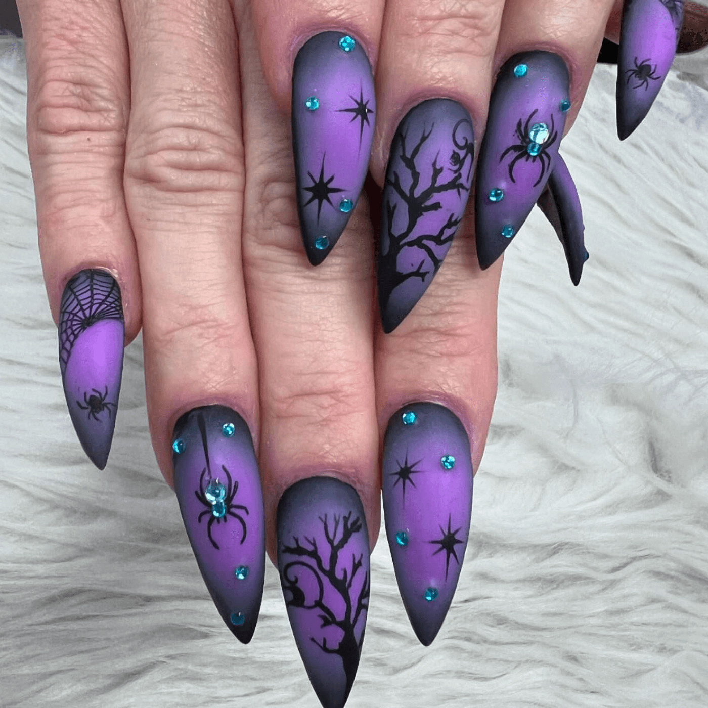 Matte Purple Nails with Rhinestones