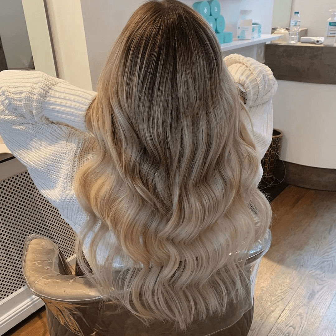 Long curls with balayage and shadow roots 