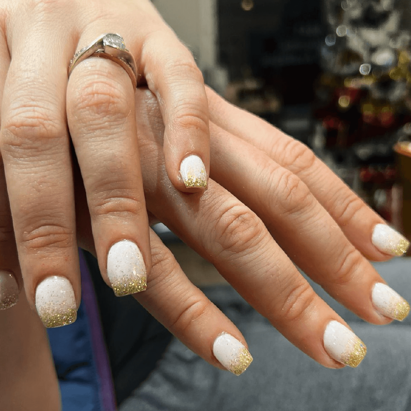 Short White Nails with Sparkly Tips