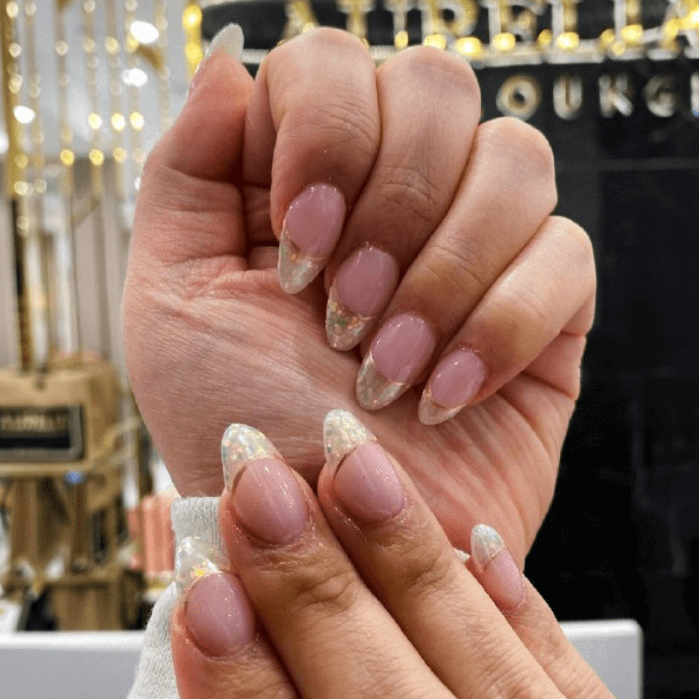 Oval French Tip Nails with Glitter