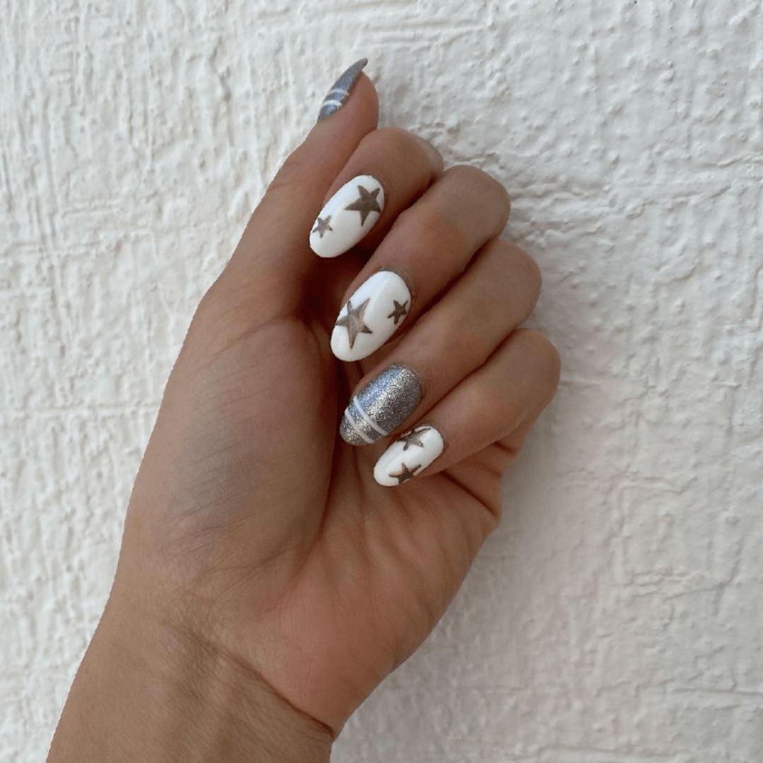 White Nails With Silver Accents