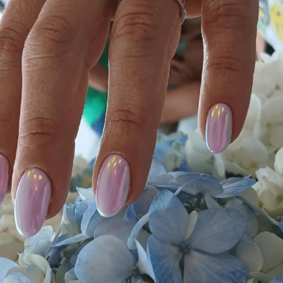 White Almond Nails with Chrome Finish