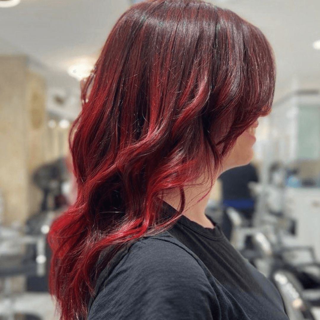 Medium brown hair with ruby red ends