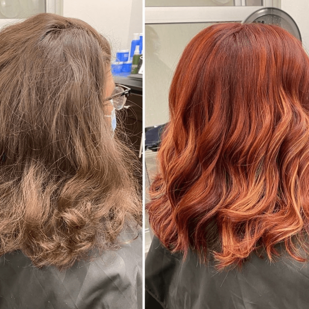 Bright red hair color with blonde highlights