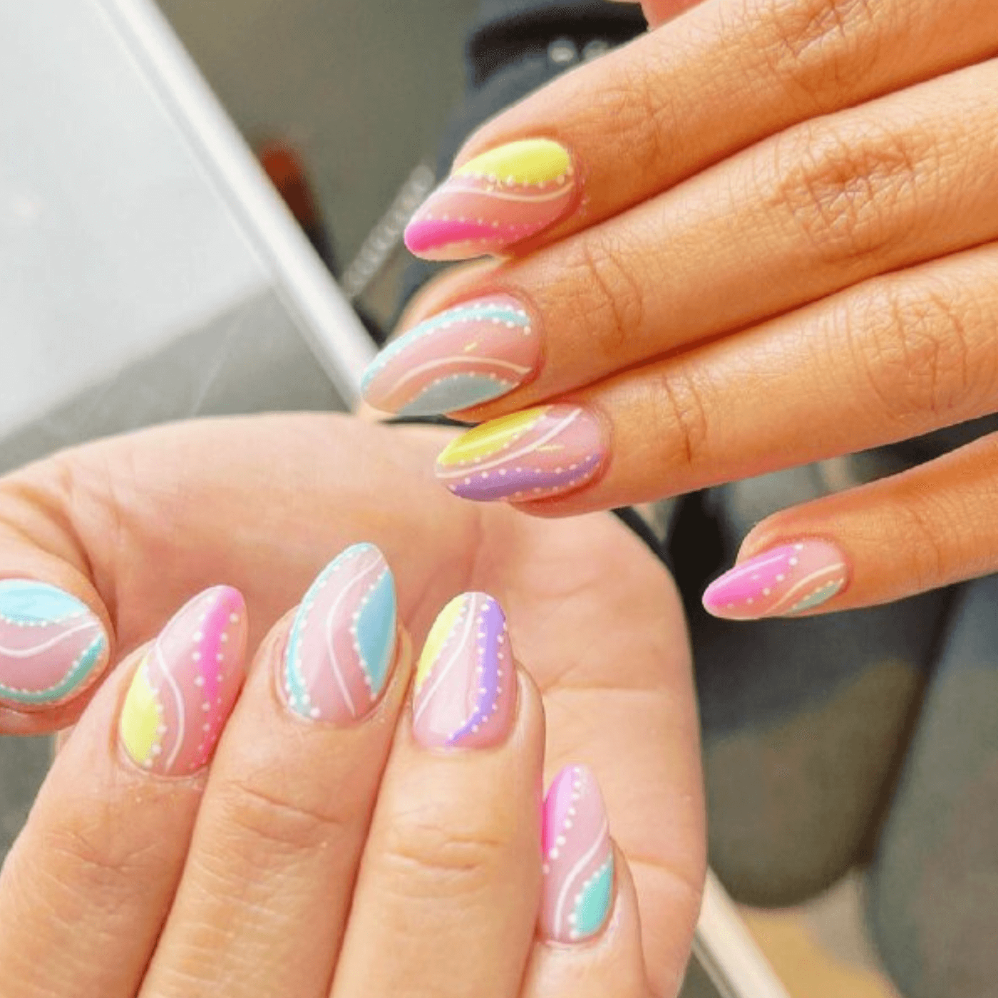 Short Almond Nails with Geometric Patterns