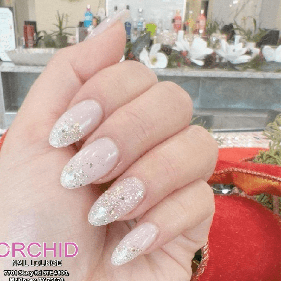 Almond French Tip Nails with Glitter Fade