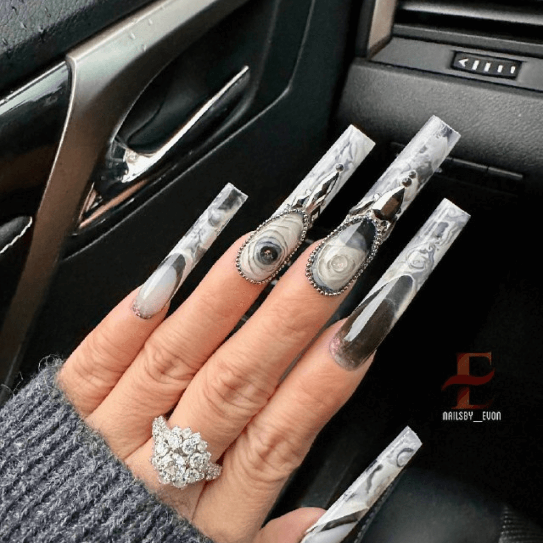 Clear Polish With Black And White Nail Art