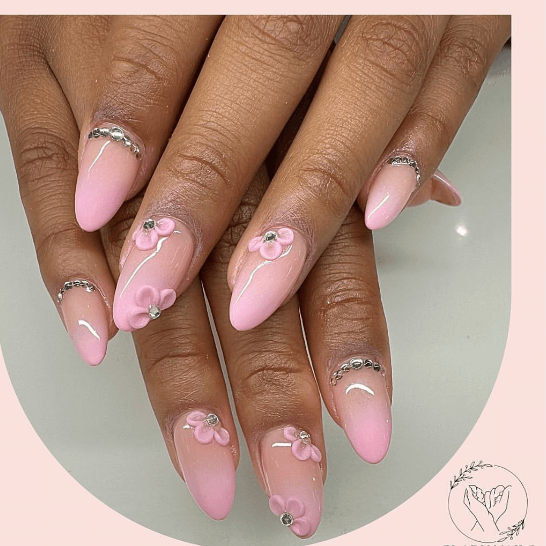 Pink Almond Nails with Rhinestones