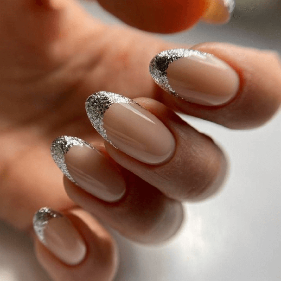 Almond French Tip Nails with Silver Glitter